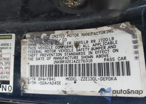 2004 Toyota Corolla Ce from USA, damaged, VIN 1NXBR32E14Z276318